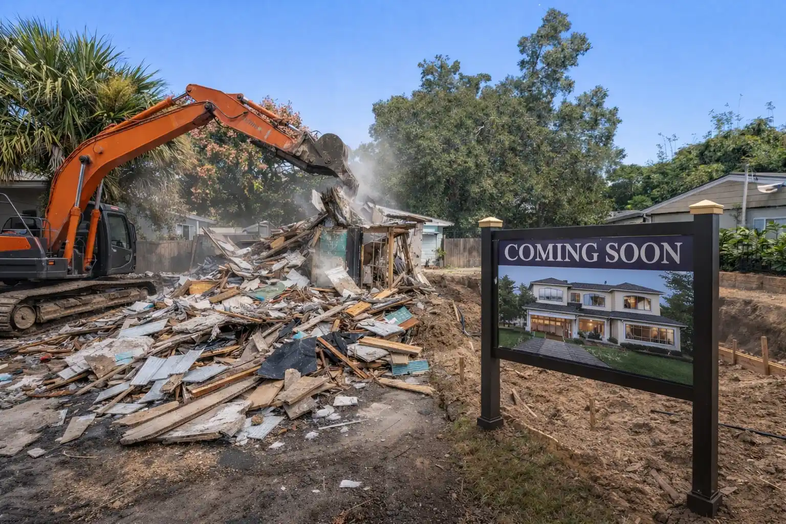 An excavator clears a lot beside a Coming Soon sign for new construction